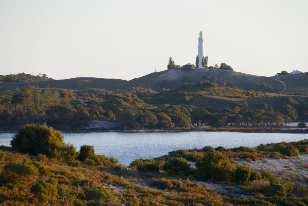 Lake Baghdad, viewed from above Little Parakeet Bay, looking across to Wadjemup Lighthouse.